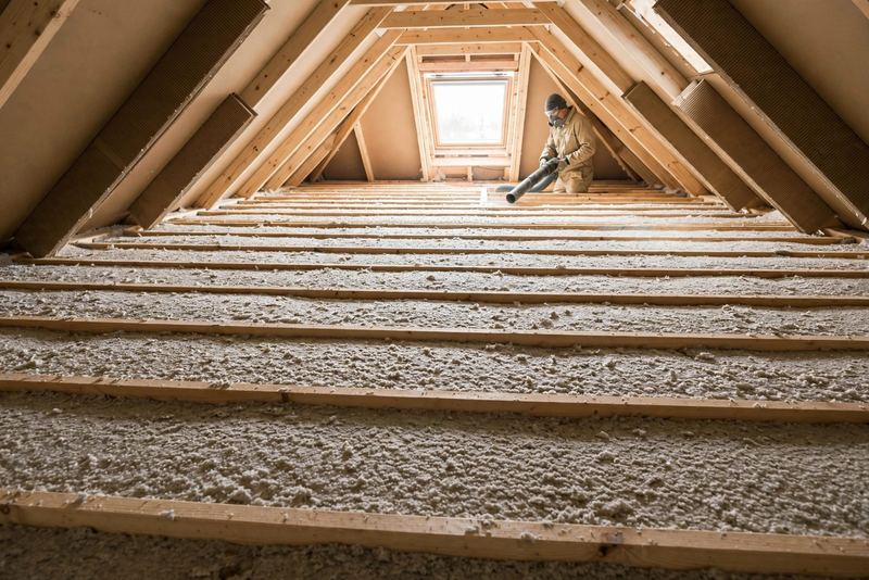 Installer blowing loose-fill cellulose insulation across an attic floor between the joists, topping a Toronto-area attic up to R-50
